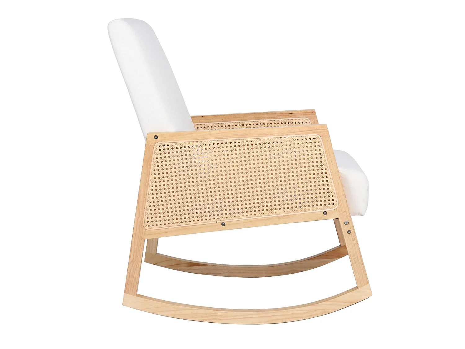 Fauteuil à bascule, chaise berçante rembourrée en microfibre crème/bois naturel - Longueur 82 x Profondeur 65 x Hauteur 98 cm