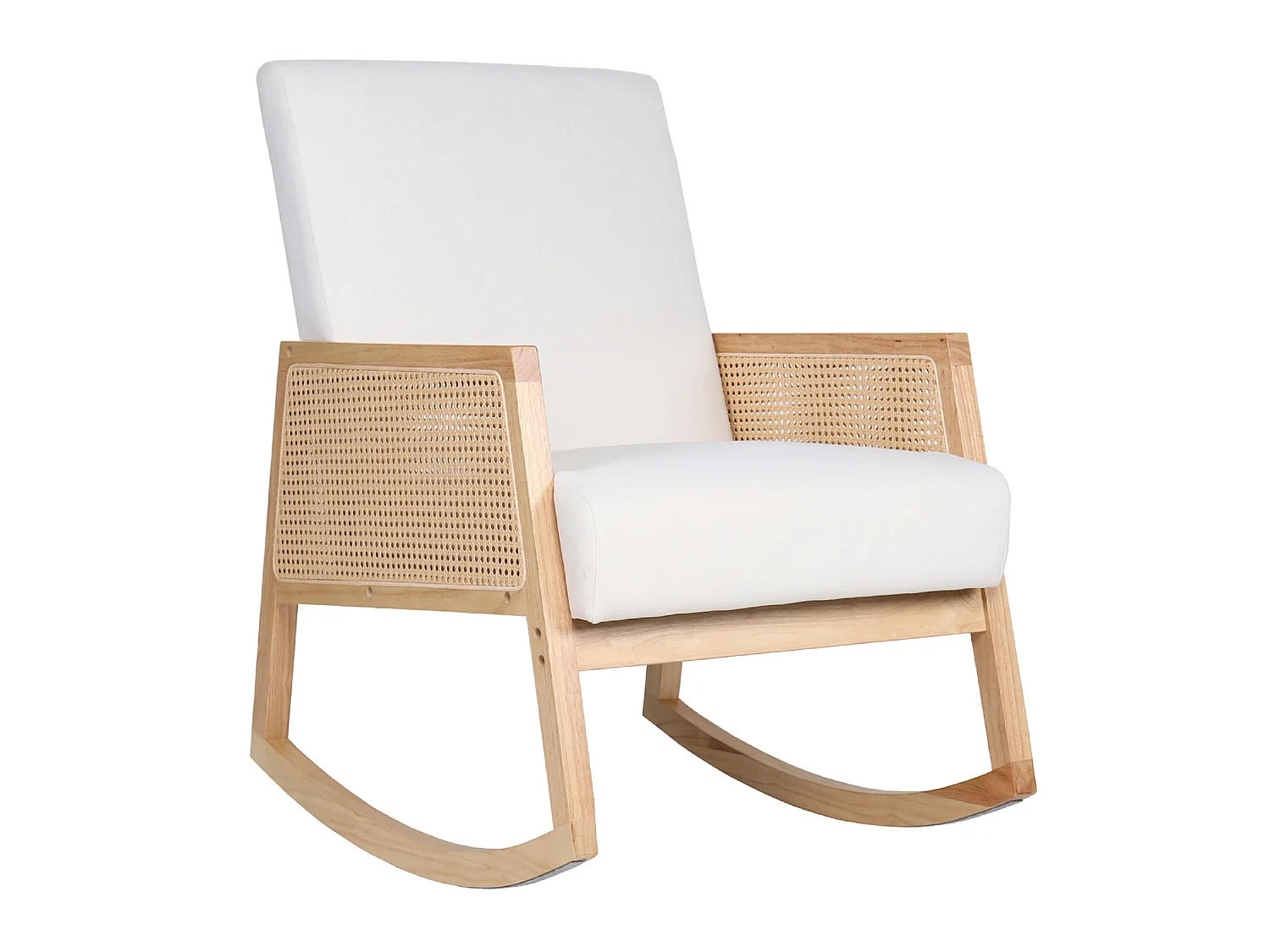 Fauteuil à bascule, chaise berçante rembourrée en microfibre crème/bois naturel - Longueur 82 x Profondeur 65 x Hauteur 98 cm