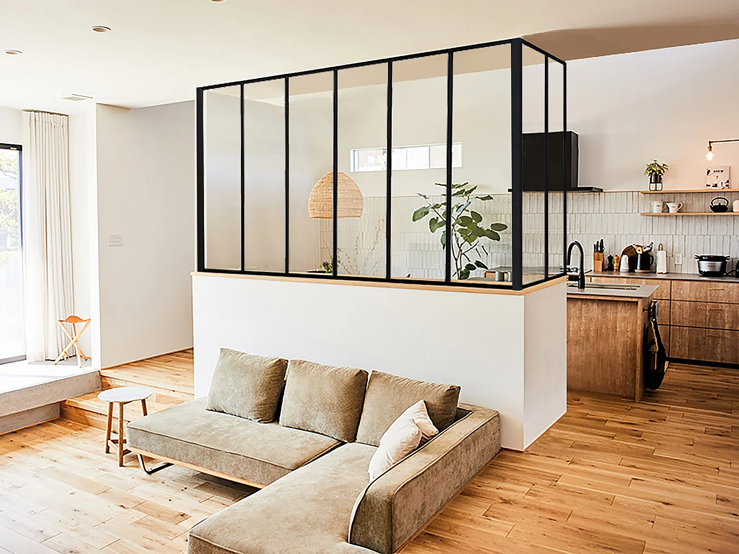 Glaswand Ecklösung - 180 x 60 x 130 cm - thermolackiertes Aluminium - Schwarz - BAYVIEW