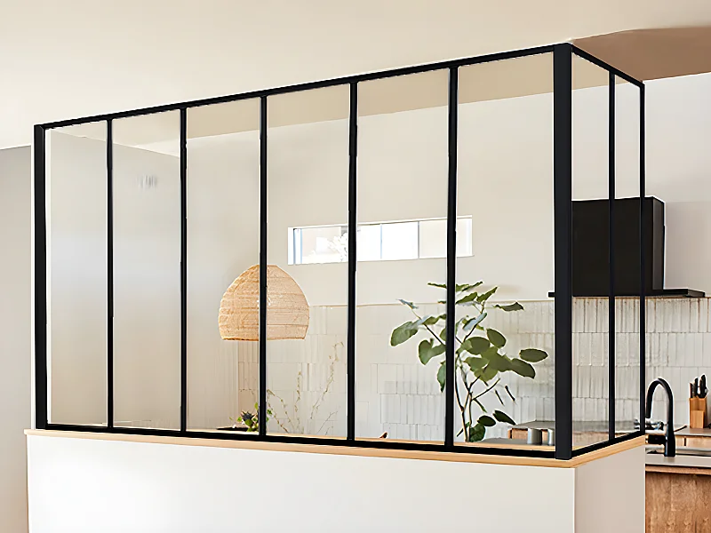 Vetrata angolare L180 x L60 x H130 cm in Alluminio termolaccato Nero Stile atelier - BAYVIEW