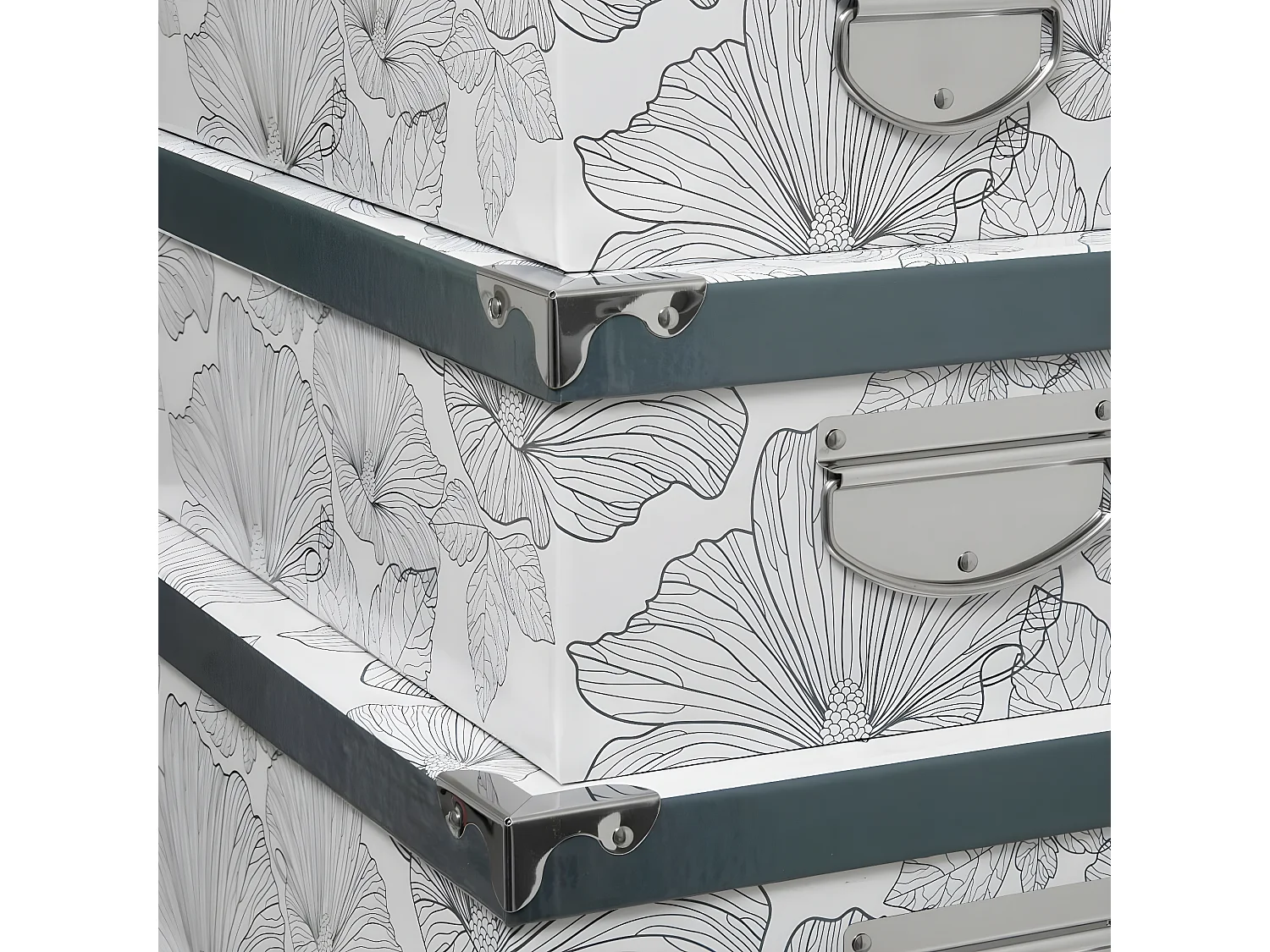 Lot de 6 Boîtes de rangement avec poignées et coins en métal déco Noir & Blanc