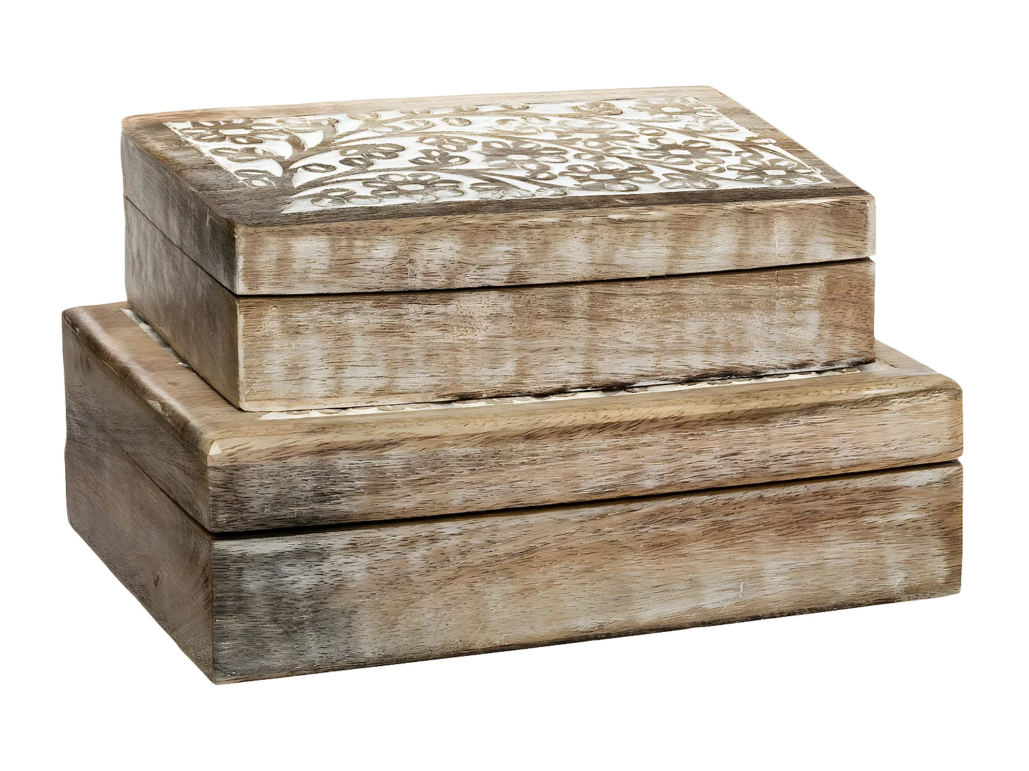 Lot de 2 Boîtes de rangement en Manguier sculpté et blanchi