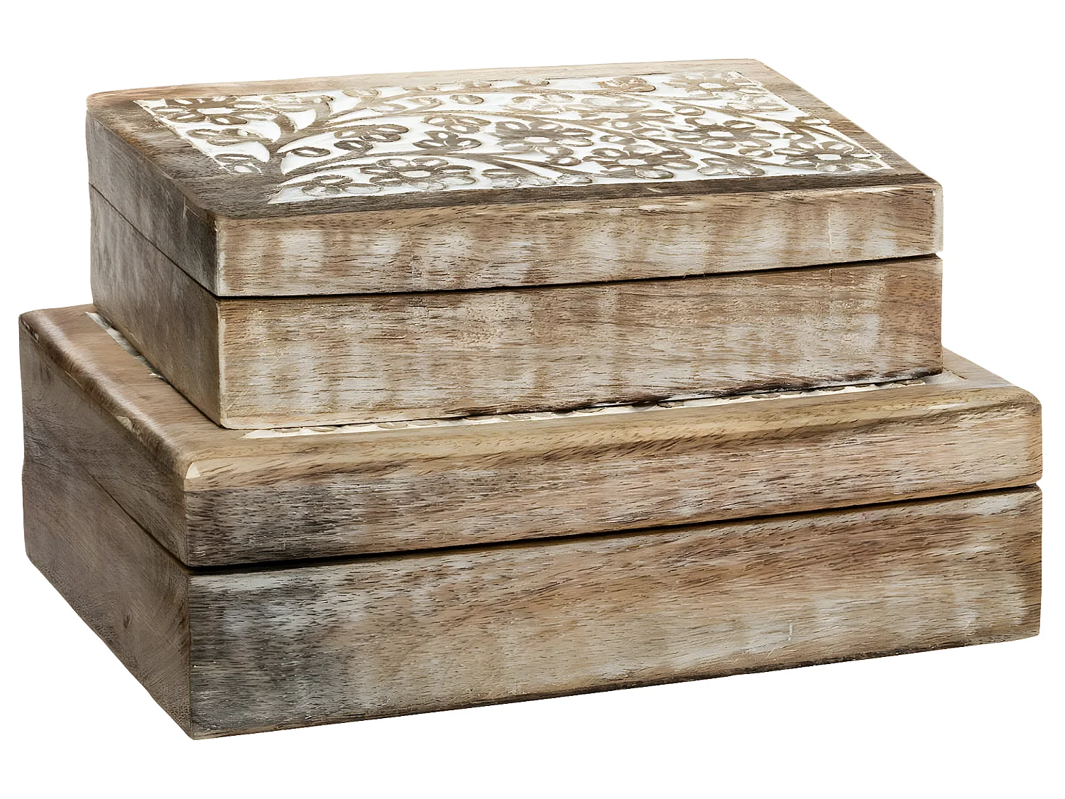 Lot de 2 Boîtes de rangement en Manguier sculpté et blanchi