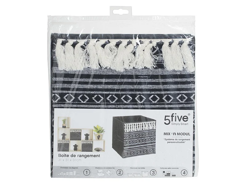 Boîte de Rangement déco Ethnique avec Pompons 31 x 31 cm