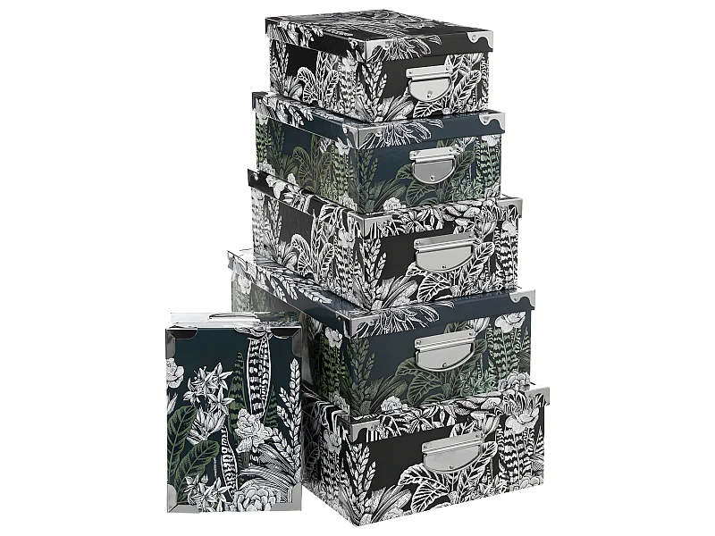 Lot de 6 Boîtes de rangement avec poignées et coins en Métal collection Black Flora