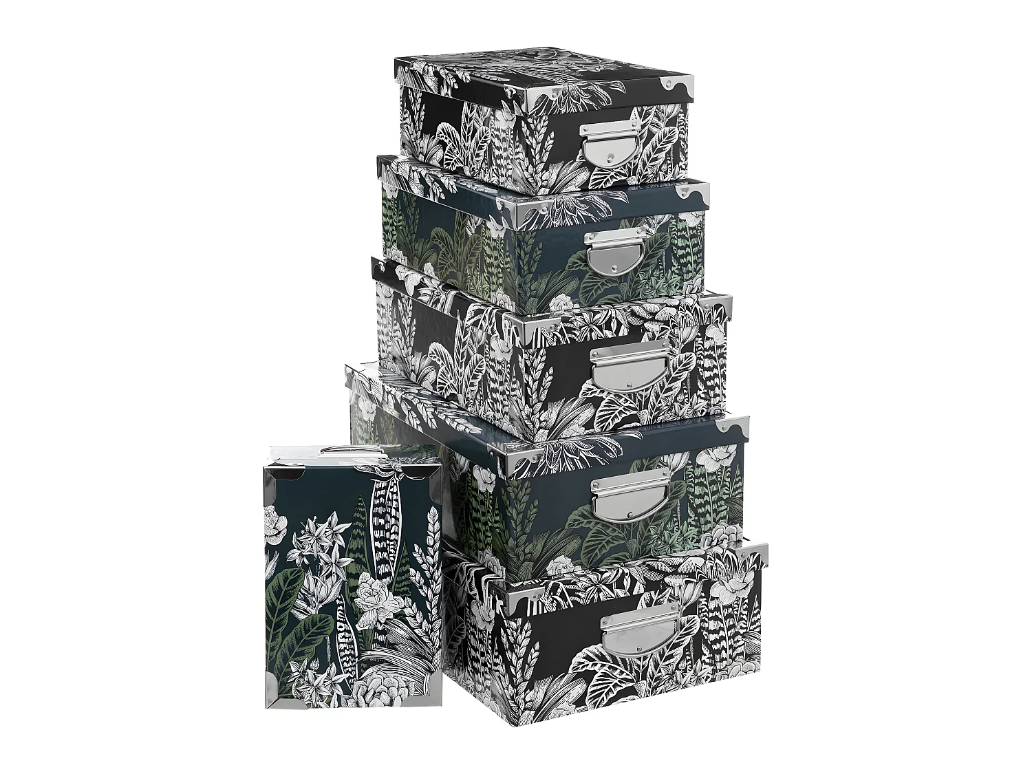 Lot de 6 Boîtes de rangement avec poignées et coins en Métal collection Black Flora