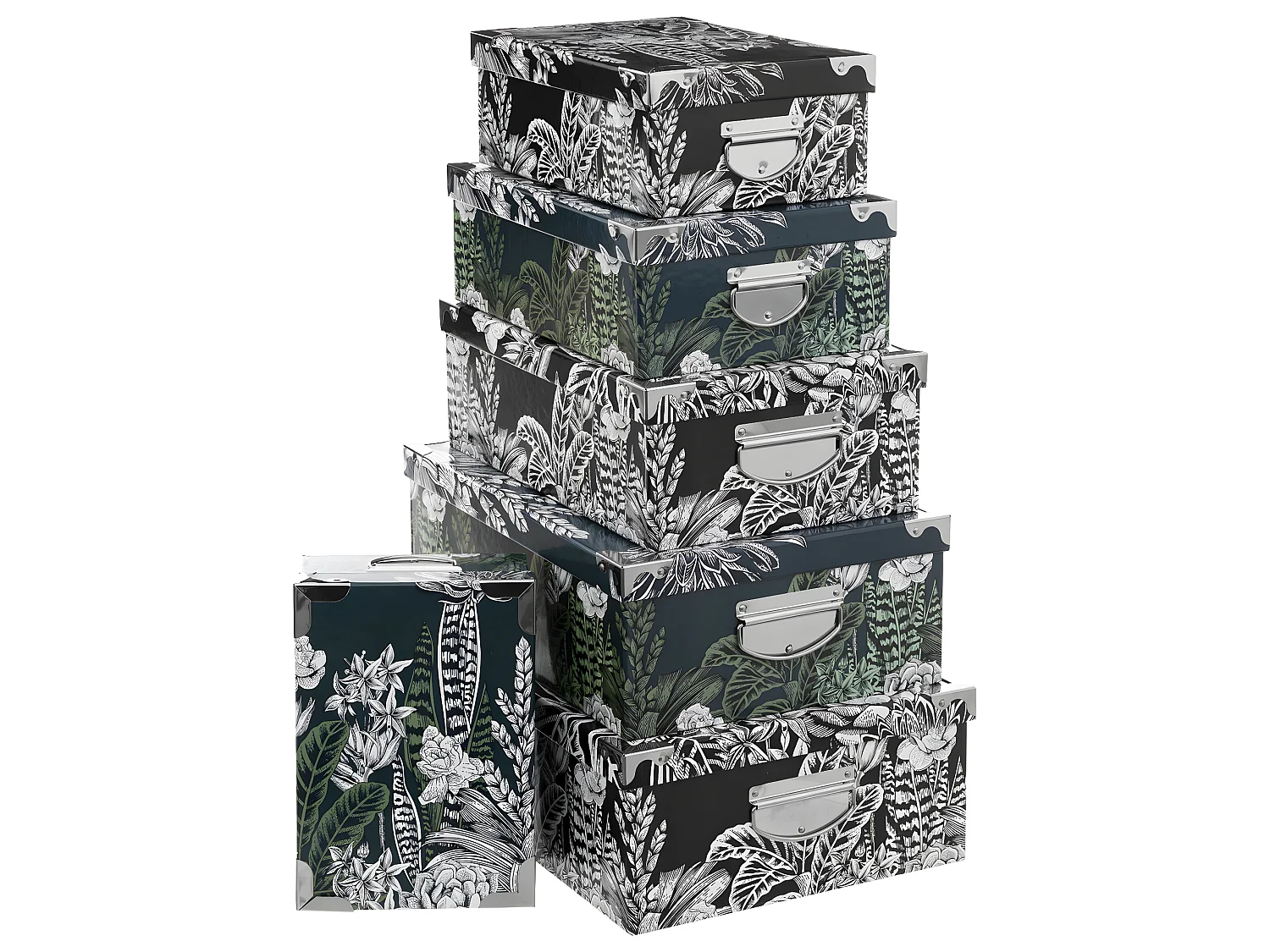 Lot de 6 Boîtes de rangement avec poignées et coins en Métal collection Black Flora