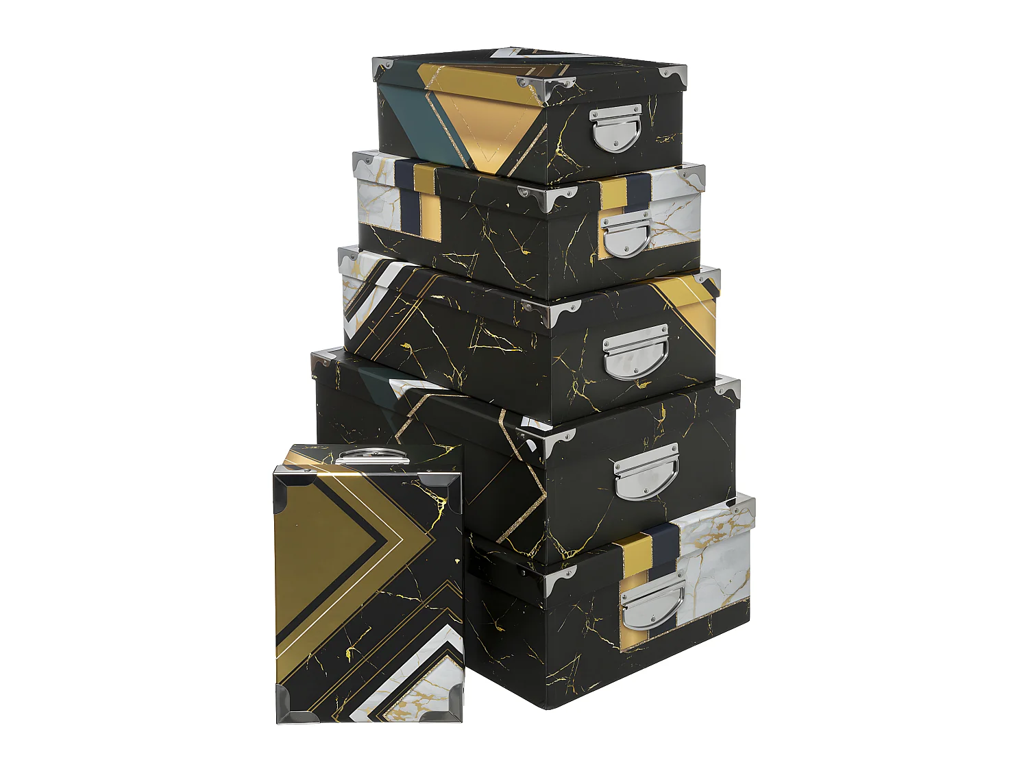 Lot de 6 Boîtes de rangement Noir et Doré avec poignées et coins en métal