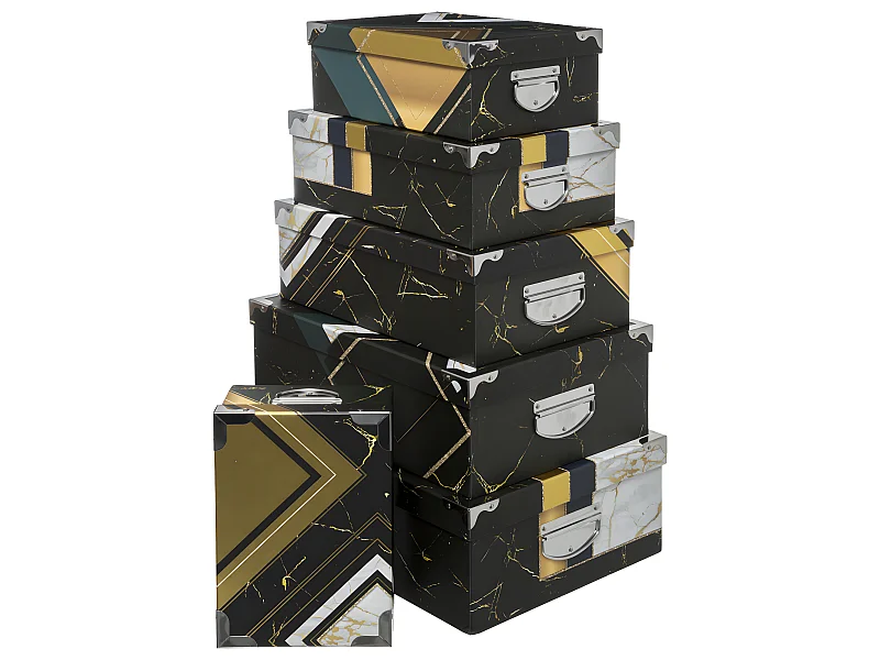 Lot de 6 Boîtes de rangement Noir et Doré avec poignées et coins en métal