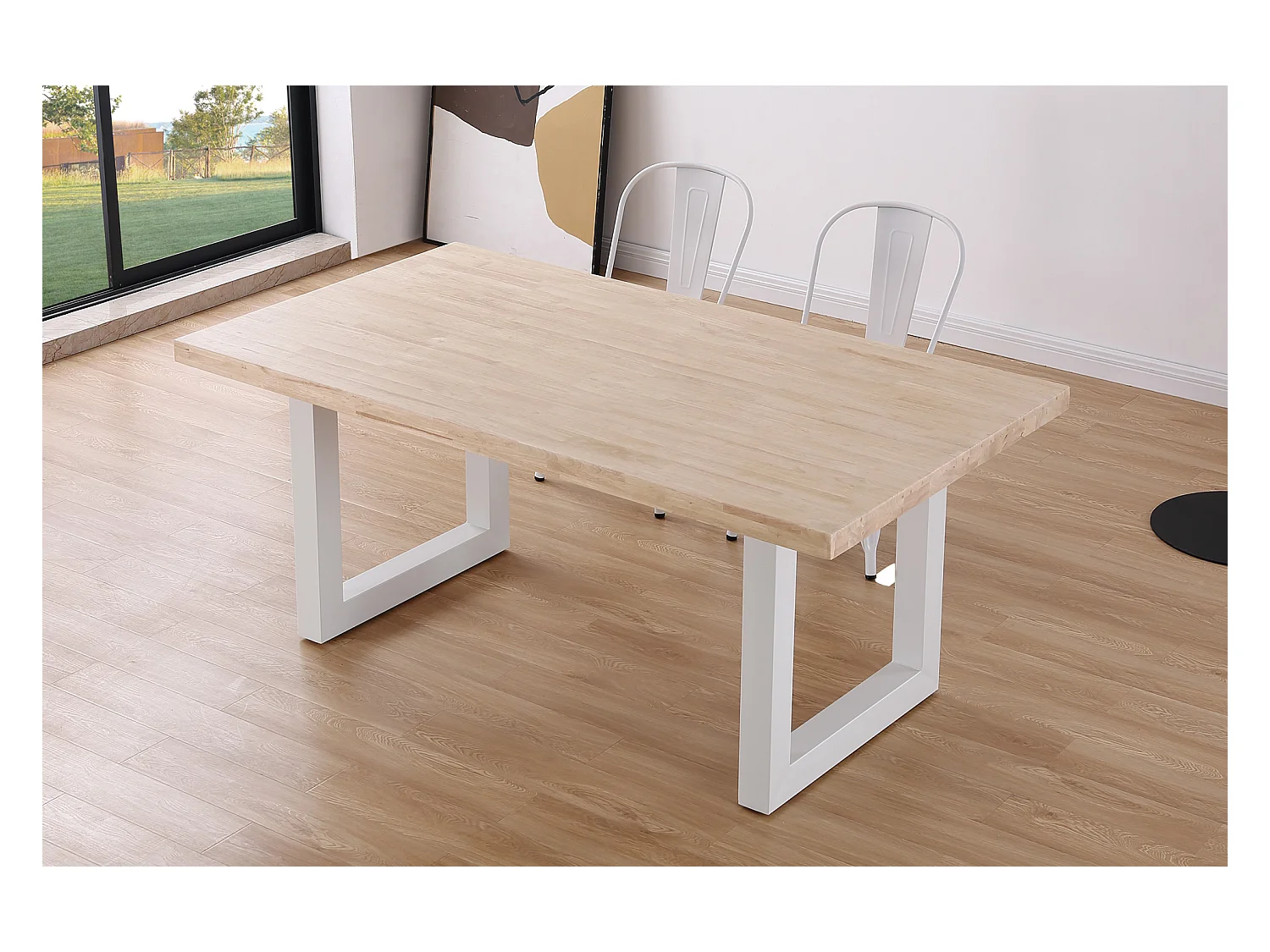 Table à manger rectangulaire en bois de chêne avec pieds en métal blanc - Longueur 180 x Profondeur 100 x Hauteur 76 cm