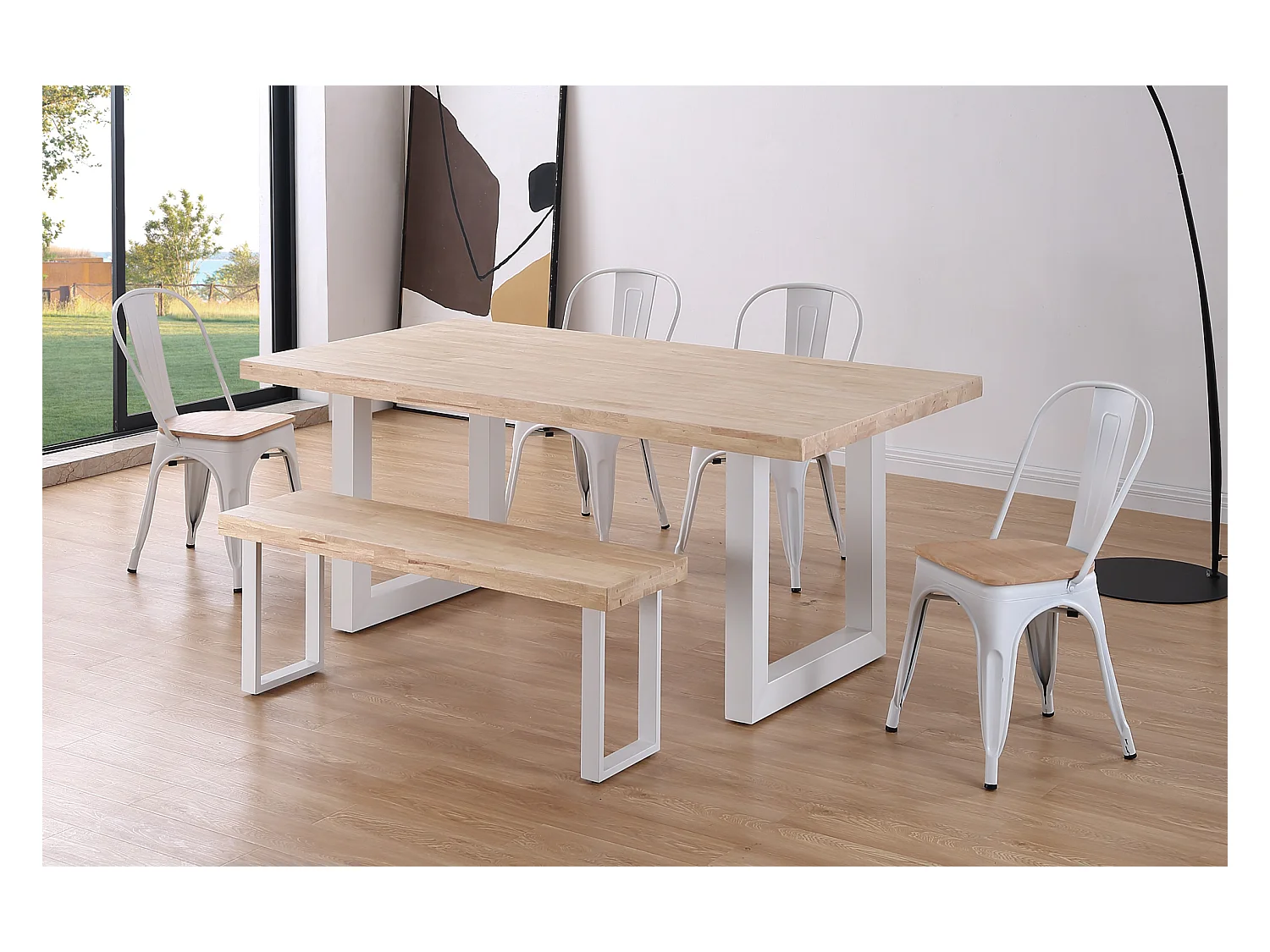 Table à manger rectangulaire en bois de chêne avec pieds en métal blanc - Longueur 180 x Profondeur 100 x Hauteur 76 cm