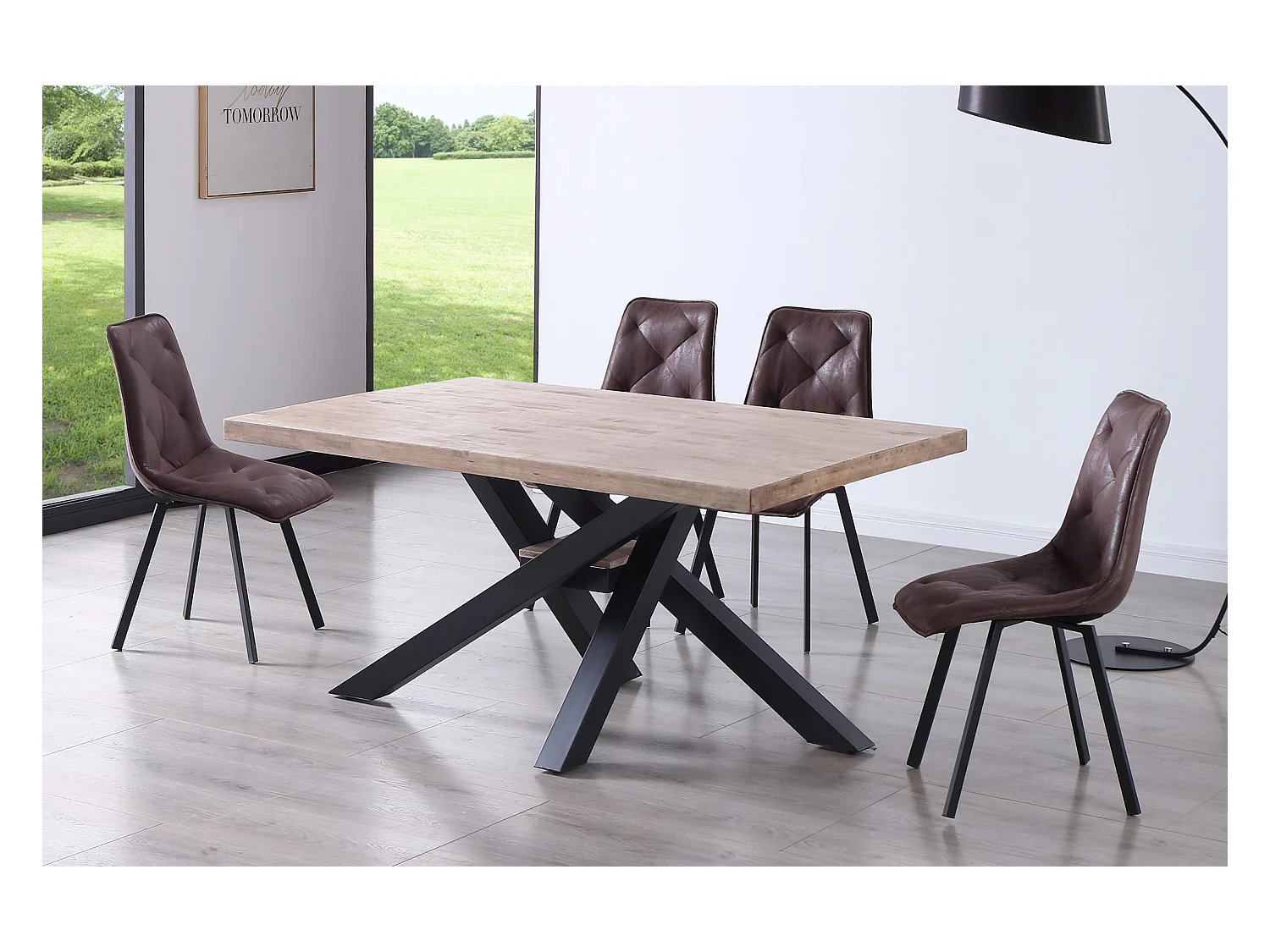 Table à manger rectangulaire en bois de chêne miel avec pieds en métal noir - Longueur 160 x Profondeur 100 x Hauteur 76 cm