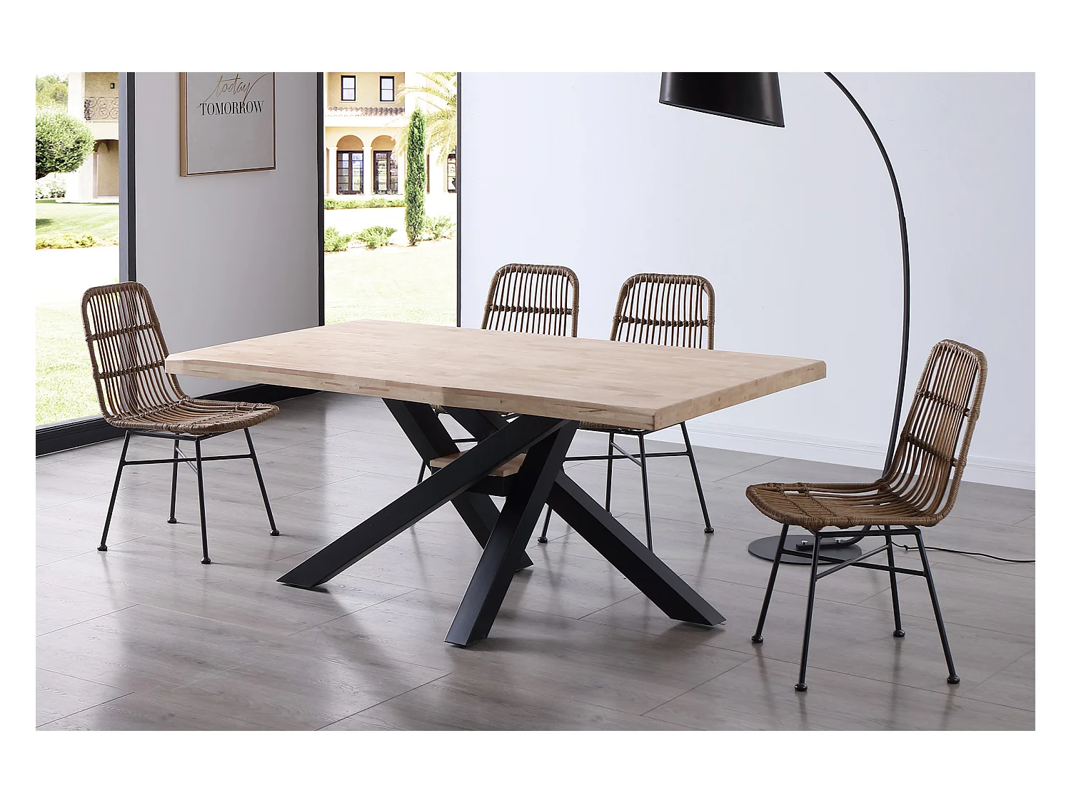 Table à manger rectangulaire en bois de chêne avec pieds en métal noir - Longueur 180 x Profondeur 100 x Hauteur 76 cm