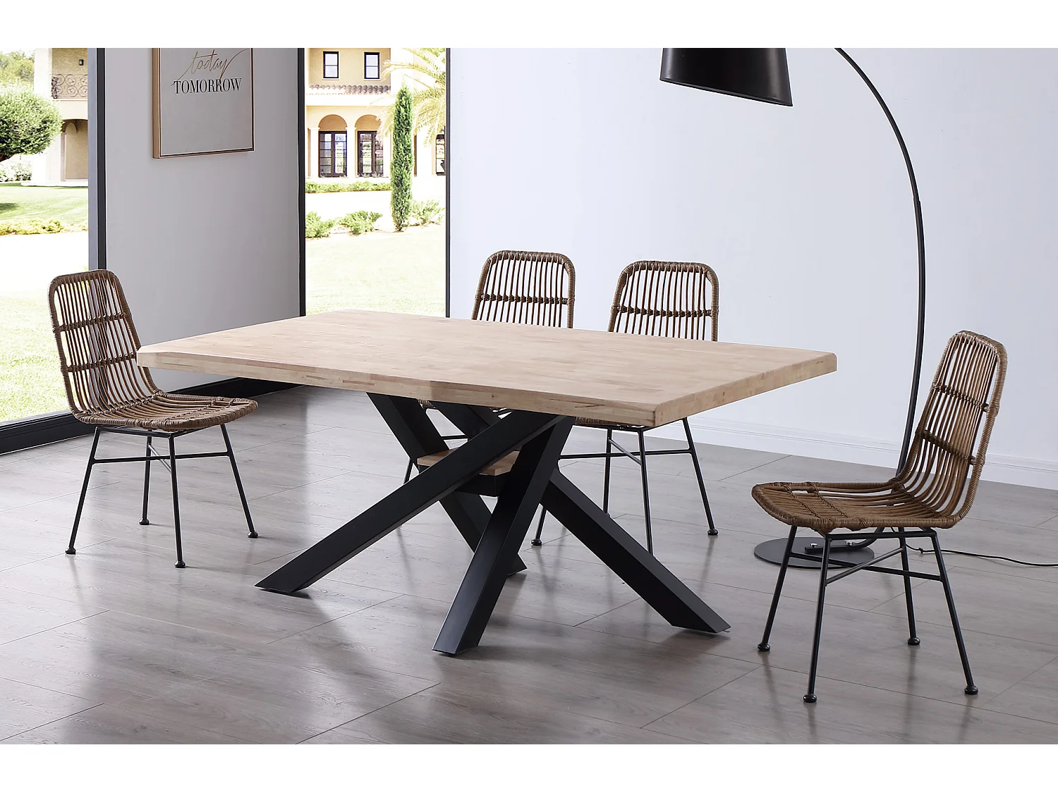 Table à manger rectangulaire en bois de chêne avec pieds en métal noir - Longueur 180 x Profondeur 100 x Hauteur 76 cm