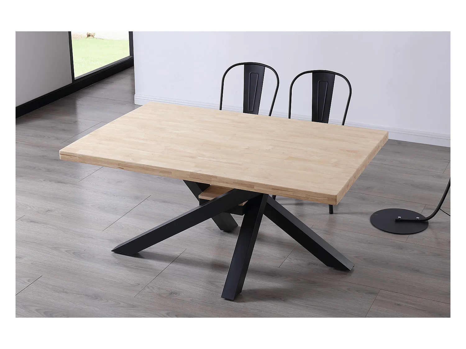 Table à manger rectangulaire en bois de chêne avec pieds en métal noir - Longueur 160 x Profondeur 100 x Hauteur 76 cm