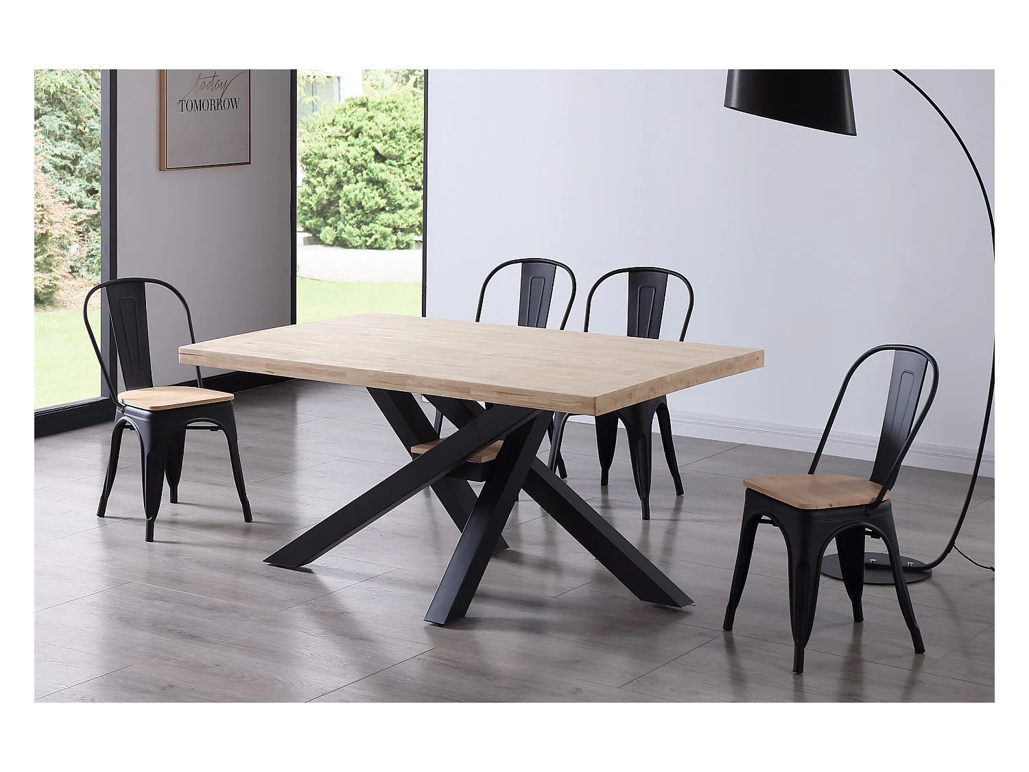 Table à manger rectangulaire en bois de chêne avec pieds en métal noir - Longueur 160 x Profondeur 100 x Hauteur 76 cm