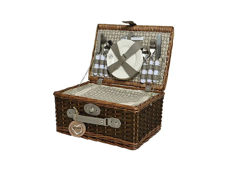 Cestino da Picnic Marrone con Accessori in Vimini e Resina