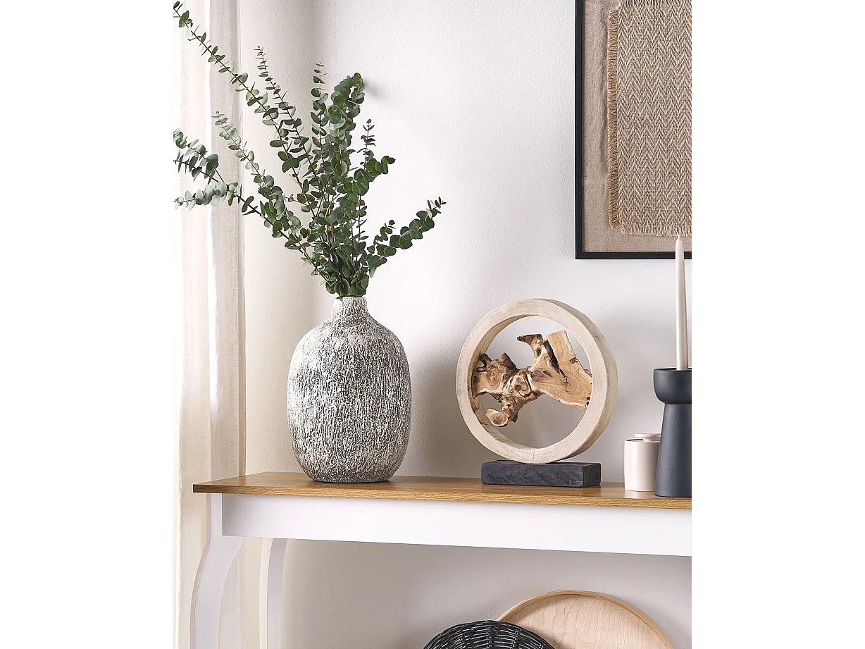 Ovale Blumenvase Terrakotta handgefertigt grau-weiß 36 cm bauchig Modern