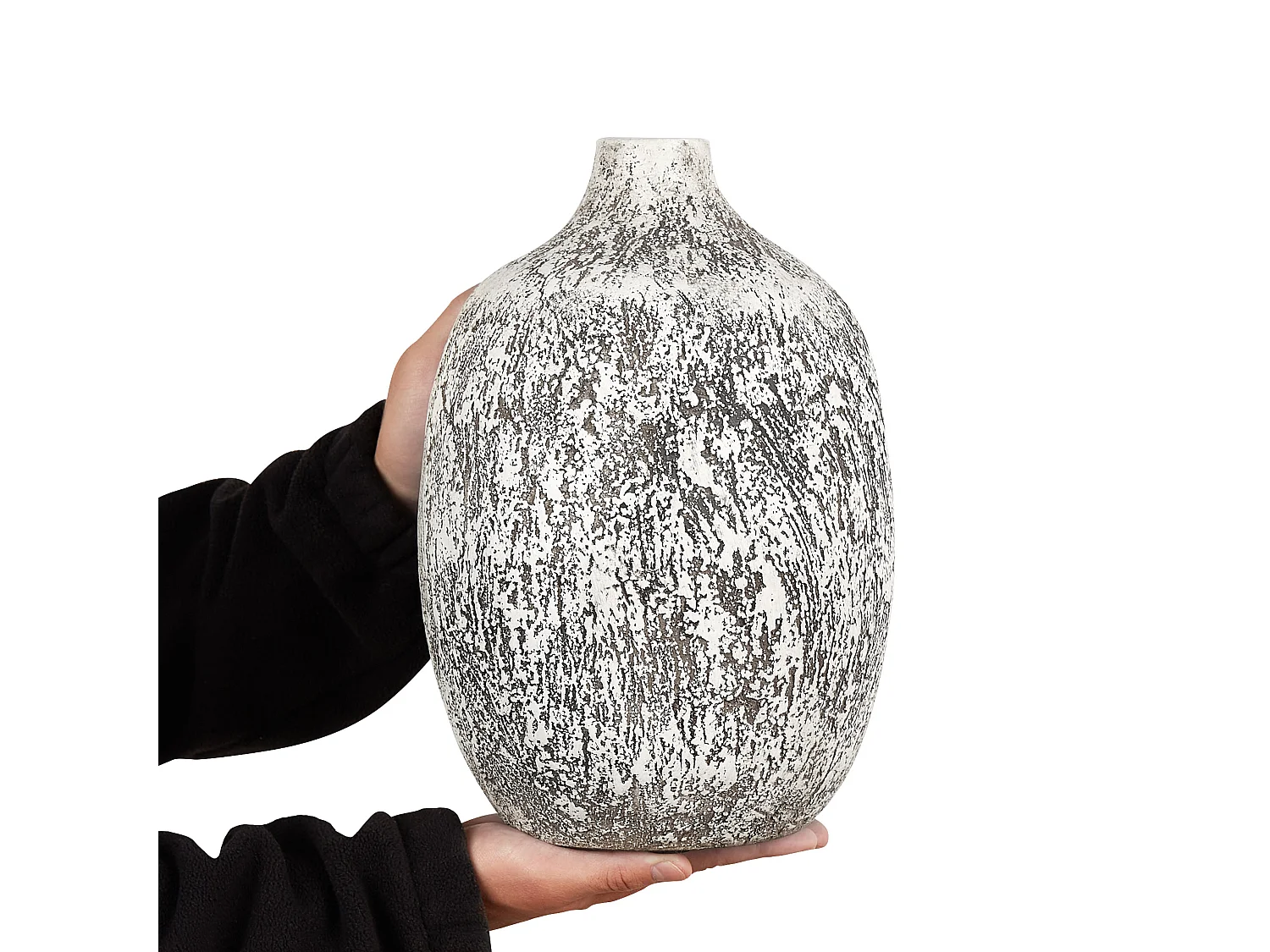 Ovale Blumenvase Terrakotta handgefertigt grau-weiß 36 cm bauchig Modern