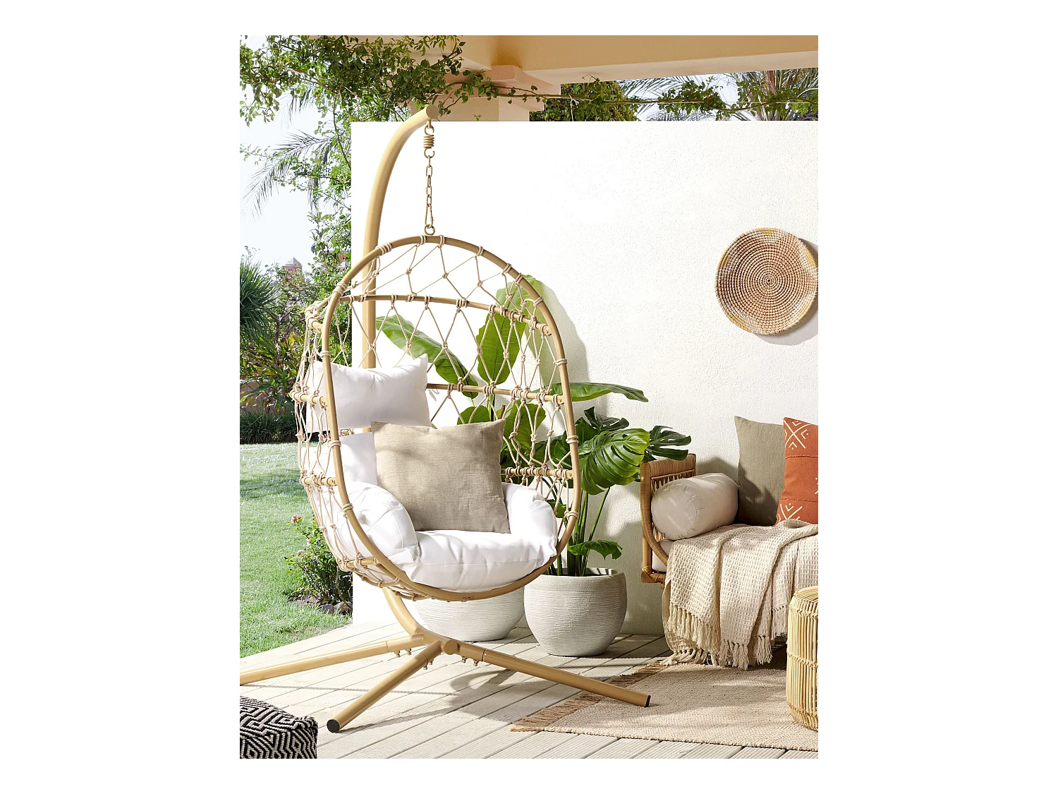 Moderner Hängekorbsessel Flechtseil mit beigem Gestell inkl. Kissen weiß Adria