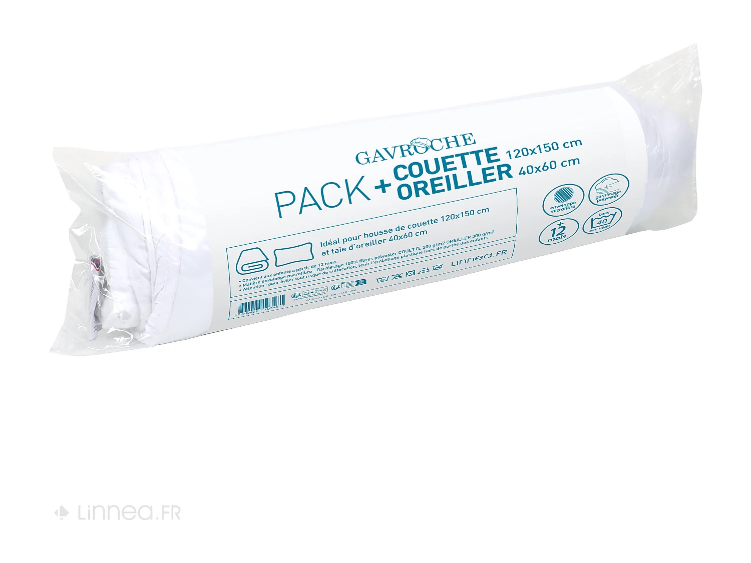 Pack couette été 120x150 garnissage 100% polyester 200 g/m2 et oreiller 40x60 cm GAVROCHE blanc