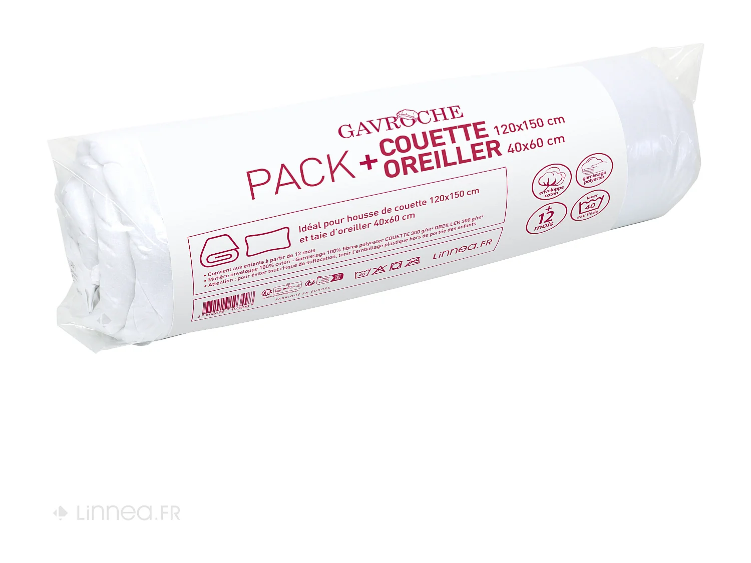 Pack premium couette hiver 120x150 garnissage 100% polyester 300 g/m2 et oreiller 40x60 cm GAVROCHE blanc