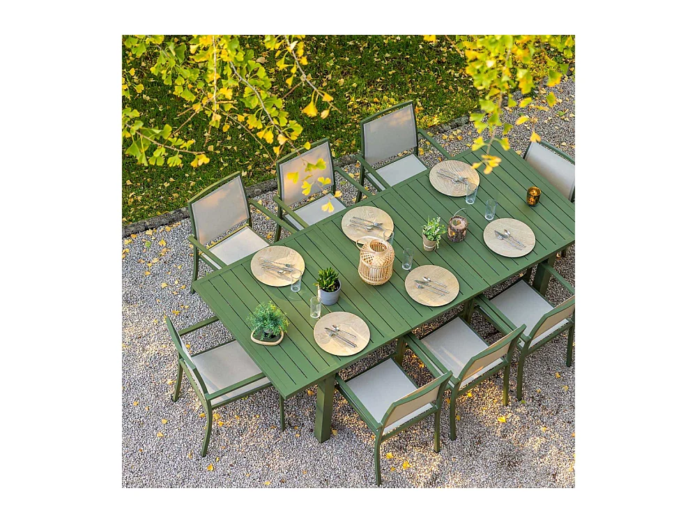 Table rectangulaire extensible Santorin 8/10 personnes en aluminium finition uni kaki - Jardiline