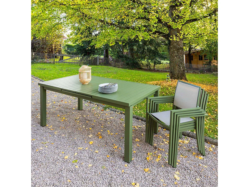 Table rectangulaire extensible Santorin 8/10 personnes en aluminium finition uni kaki - Jardiline