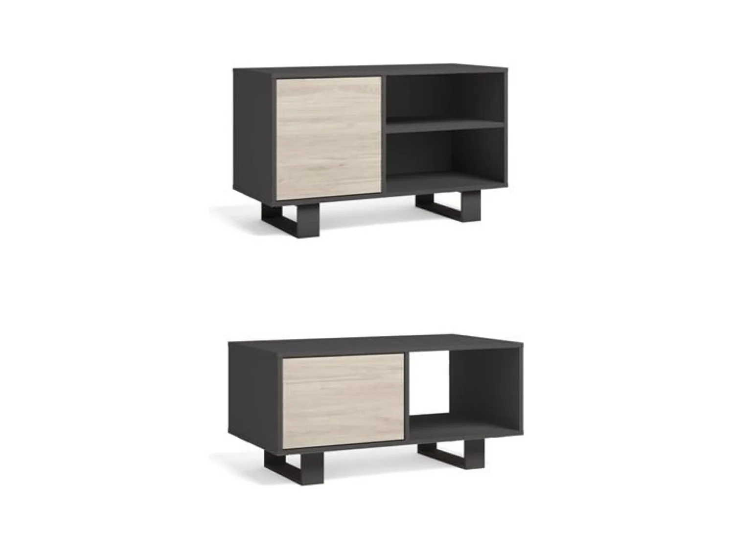 Ensemble de Meubles Wind, Salon/Salle à manger, Meuble TV100-Table Basse Gris/Chêne, Pieds noir