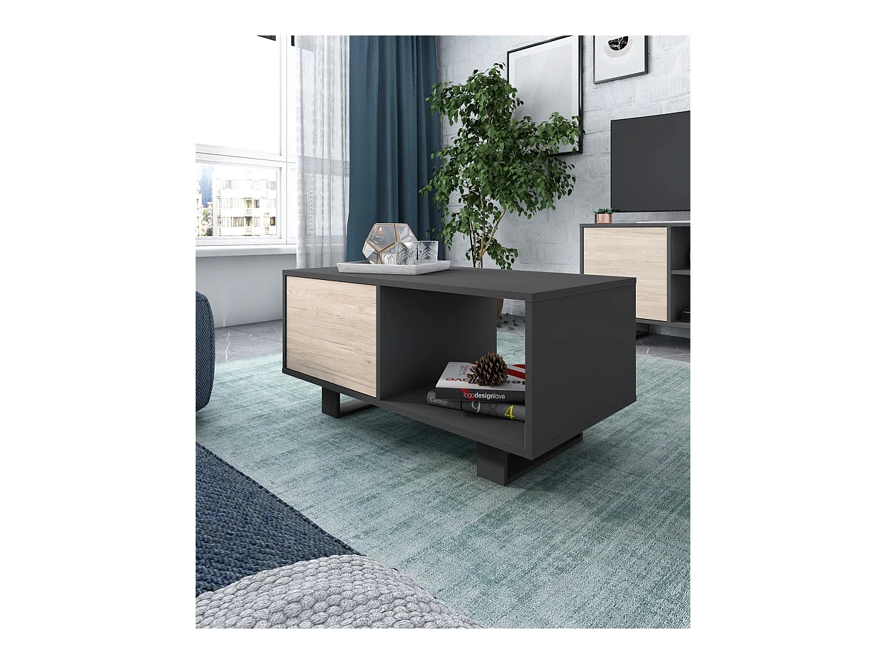 Ensemble de Meubles Wind, Salon/Salle à manger, Meuble TV100-Table Basse Gris/Chêne, Pieds noir