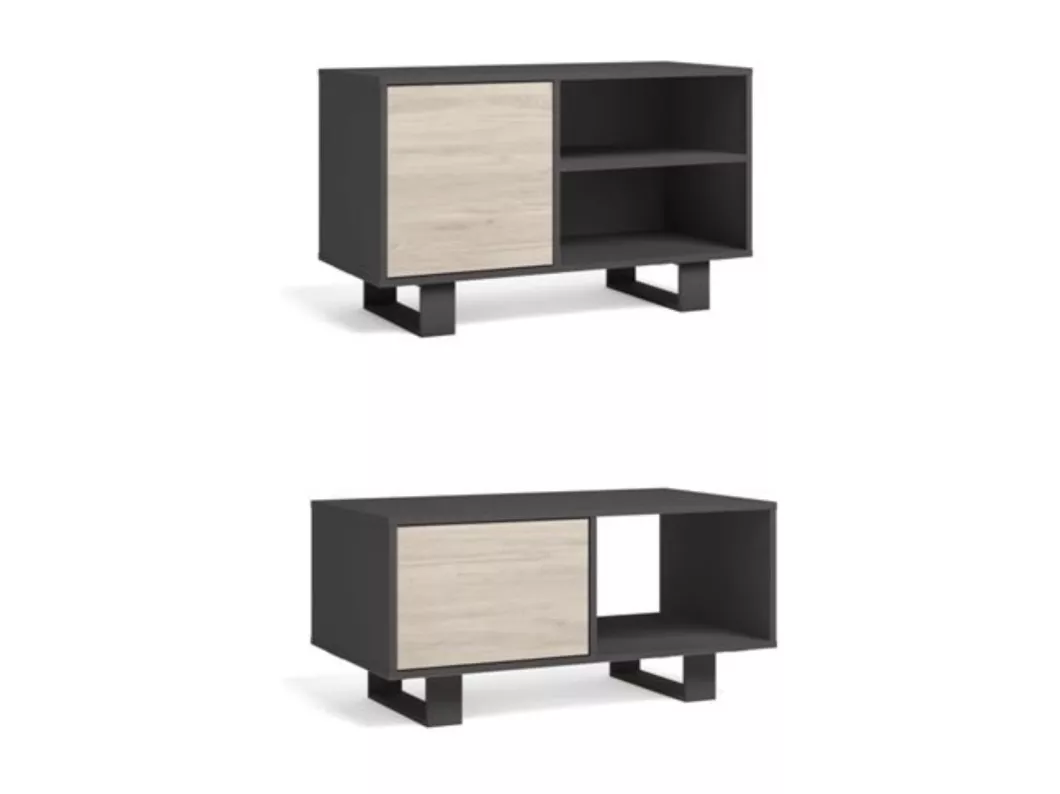 Kauf Unique Set WIND, Wohnzimmer/Esszimmer, TV-Möbel100-Couchtisch Grau/Eiche,Schwarze Beine