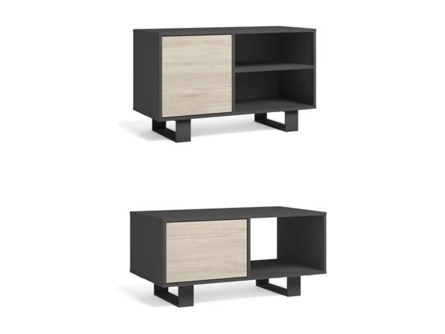 Modulaire woonkamer set, Windmodel, 92x50x45 cm / 95x40x57cm, 1 middentafel en 1 tv -meubels, Grijs en eiken, Noordse stijl