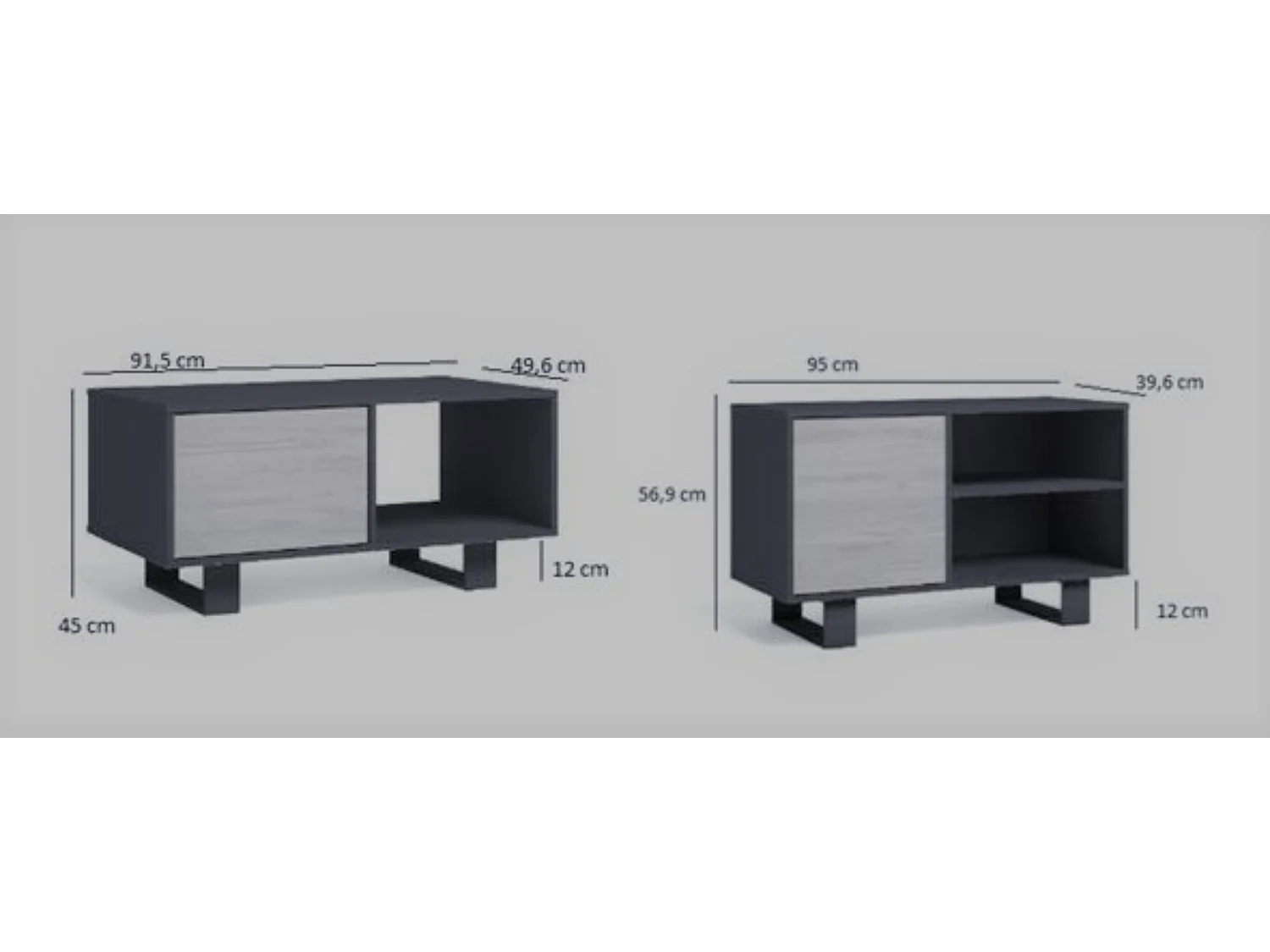 Modulaire woonkamer set, Windmodel, 92x50x45 cm / 95x40x57cm, 1 middentafel en 1 tv -meubels, Grijs en eiken, Noordse stijl
