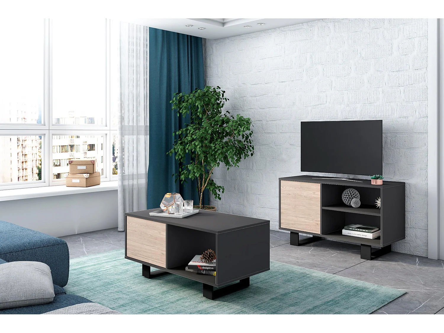 Ensemble de Meubles WIND, Salon, Meuble TV100-Table Basse, Gris et Chêne, Pieds noir