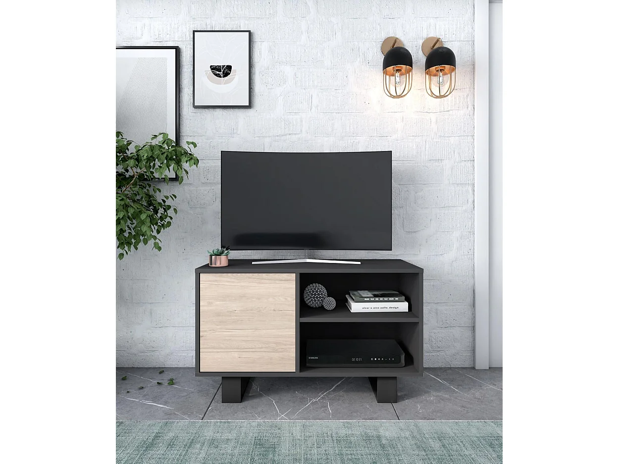 Ensemble de Meubles WIND, Salon, Meuble TV100-Table Basse, Gris et Chêne, Pieds noir