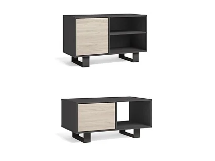 Ensemble de Meubles WIND, Salon, Meuble TV100-Table Basse, Gris et Chêne, Pieds noir