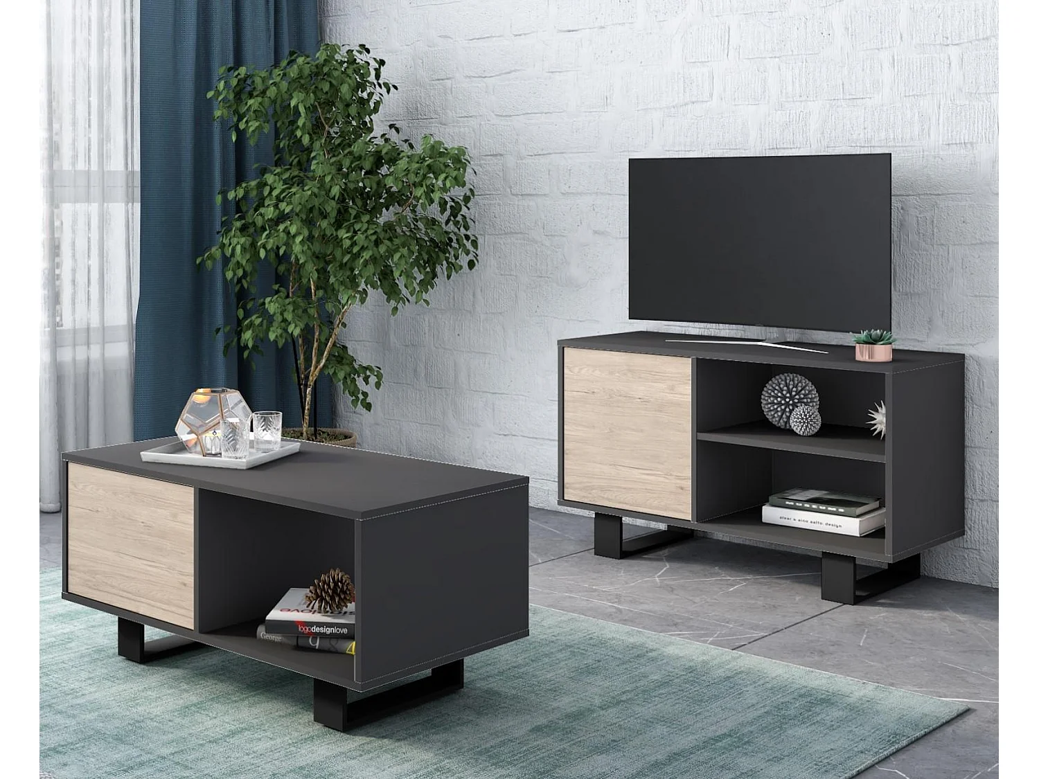 Ensemble de Meubles WIND, Salon, Meuble TV100-Table Basse, Gris et Chêne, Pieds noir