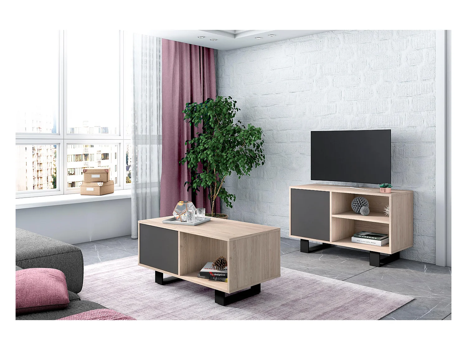 Ensemble de Meubles WIND, Salon/Salle à manger,Buffet-Meuble TV100-Table Basse,Chêne/Gris,Pied noir