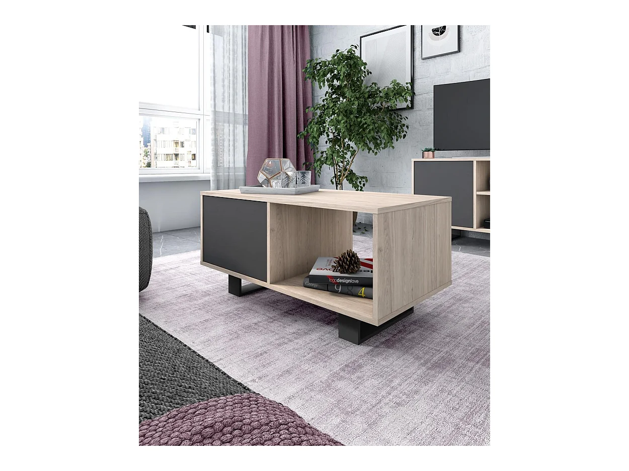 Ensemble de Meubles WIND, Salon/Salle à manger,Buffet-Meuble TV100-Table Basse,Chêne/Gris,Pied noir