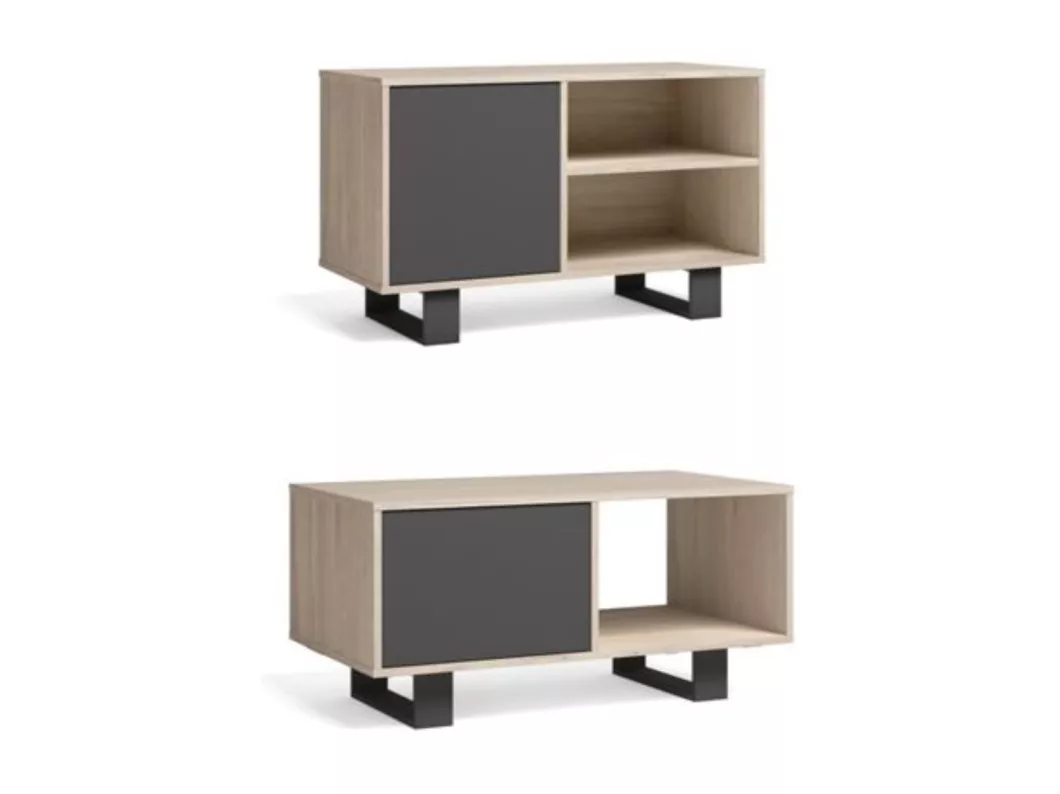 Kauf Unique Set WIND, Wohnzimmer/Esszimmer, TV-Möbel100-Couchtisch Eiche/Grau, Schwarze Beine