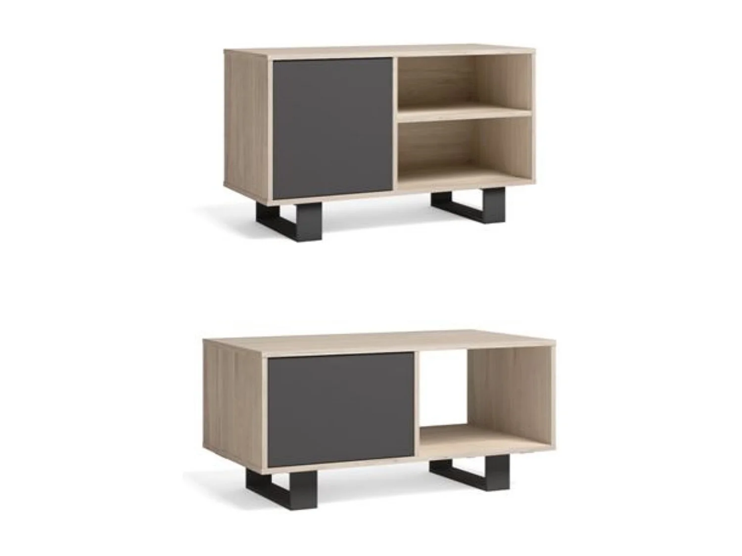 Modulaire woonkamer set, Windmodel, 92x50x45 cm / 95x40x57cm, 1 middentafel en 1 tv -meubels, Eik en grijs, Noordse stijl