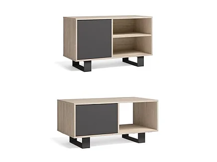 Set WIND, Wohnzimmer-/Esszimmermöbelset bestehend aus 1 TV100-Möbel und 1 Couchtisch, Eiche/Grau, Schwarze Füße