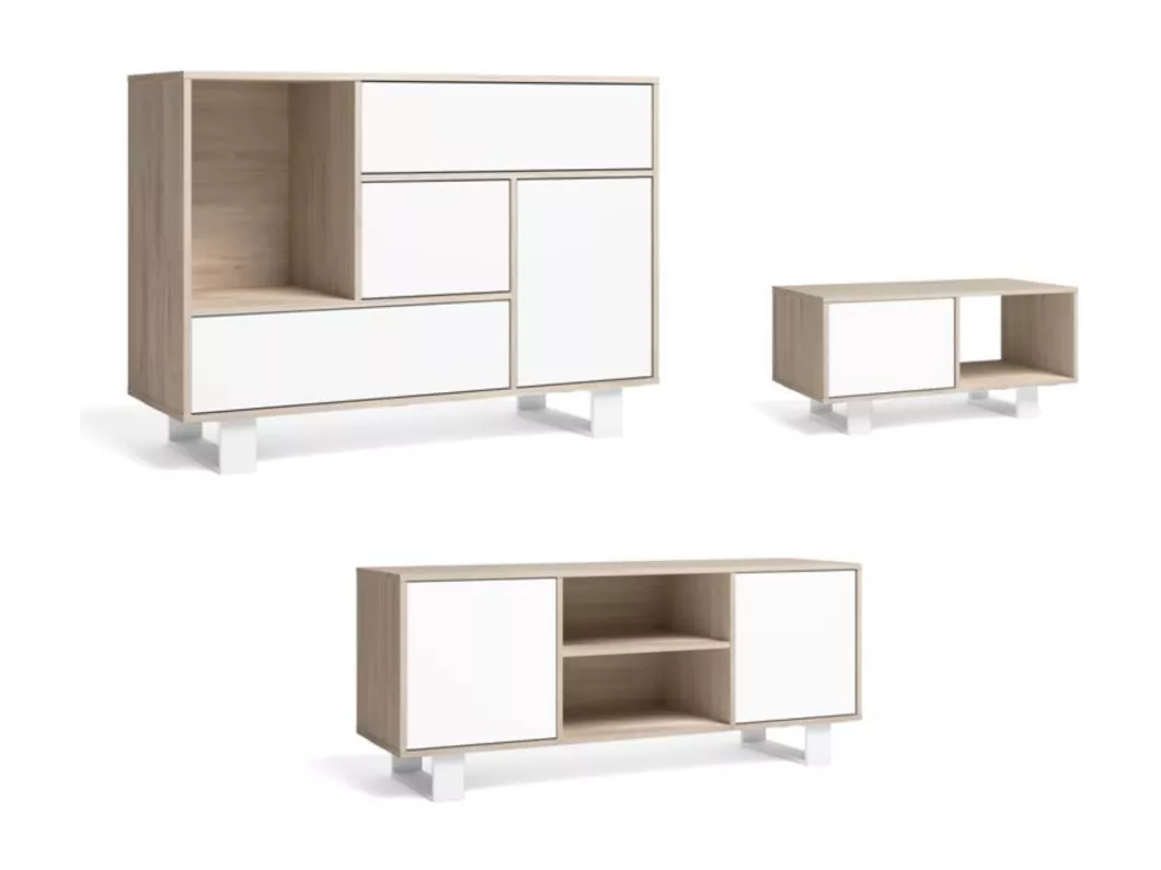 Kauf Unique Set Wind, Wohnzimmermöbel-Set, Sideboard-Möbel TV140-Couchtisch, Eiche/Weiß, Weiße Füße