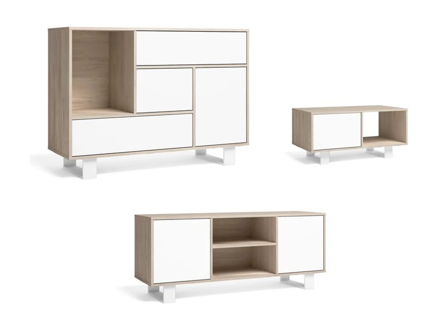 Ensemble de Meubles WIND de Salon, Buffet, Buffet-M.TV140-Table Basse Chêne/Blanc, Pieds Blancs