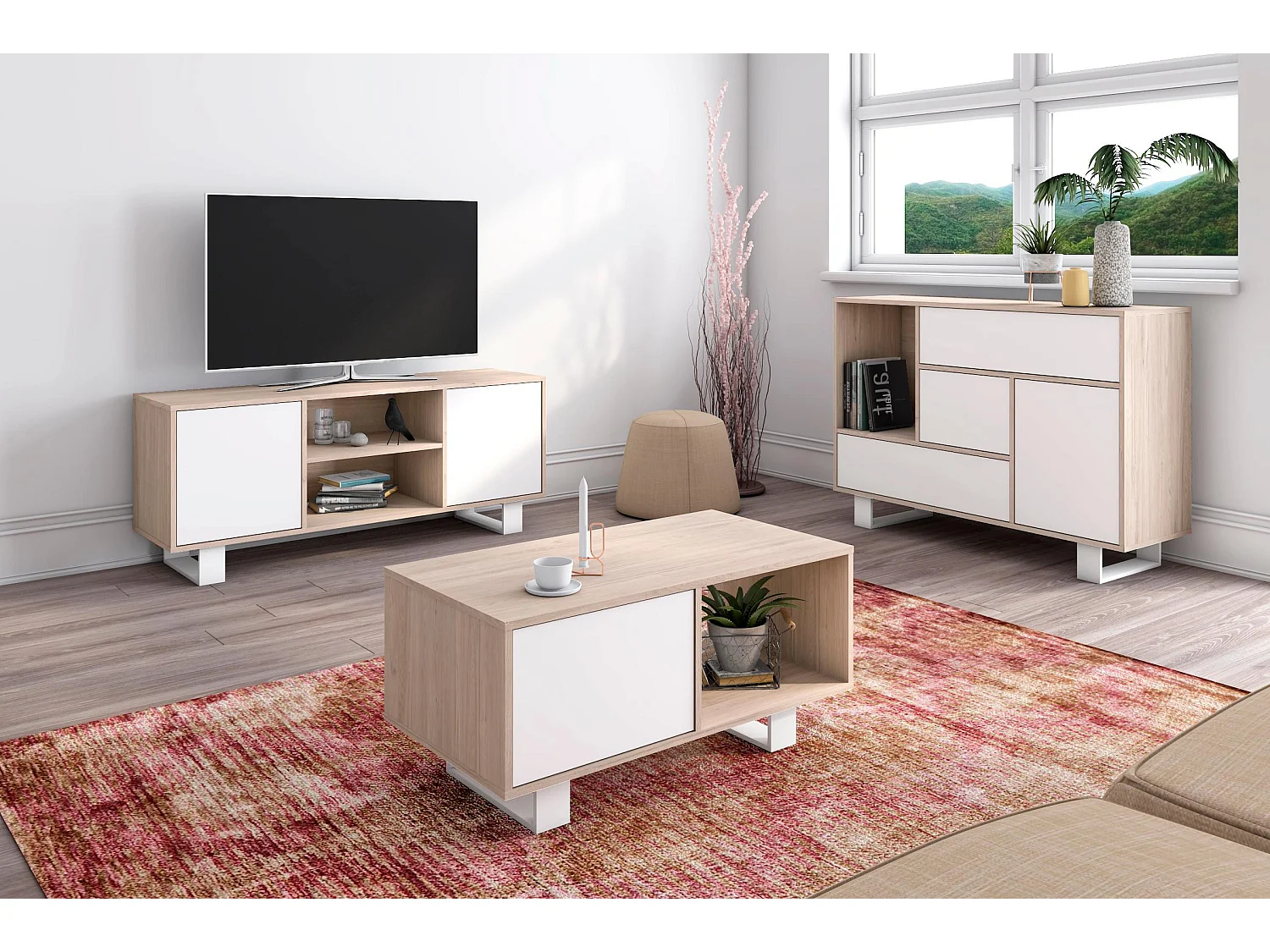 Ensemble de Meubles WIND de Salon, Buffet, Buffet-M.TV140-Table Basse Chêne/Blanc, Pieds Blancs