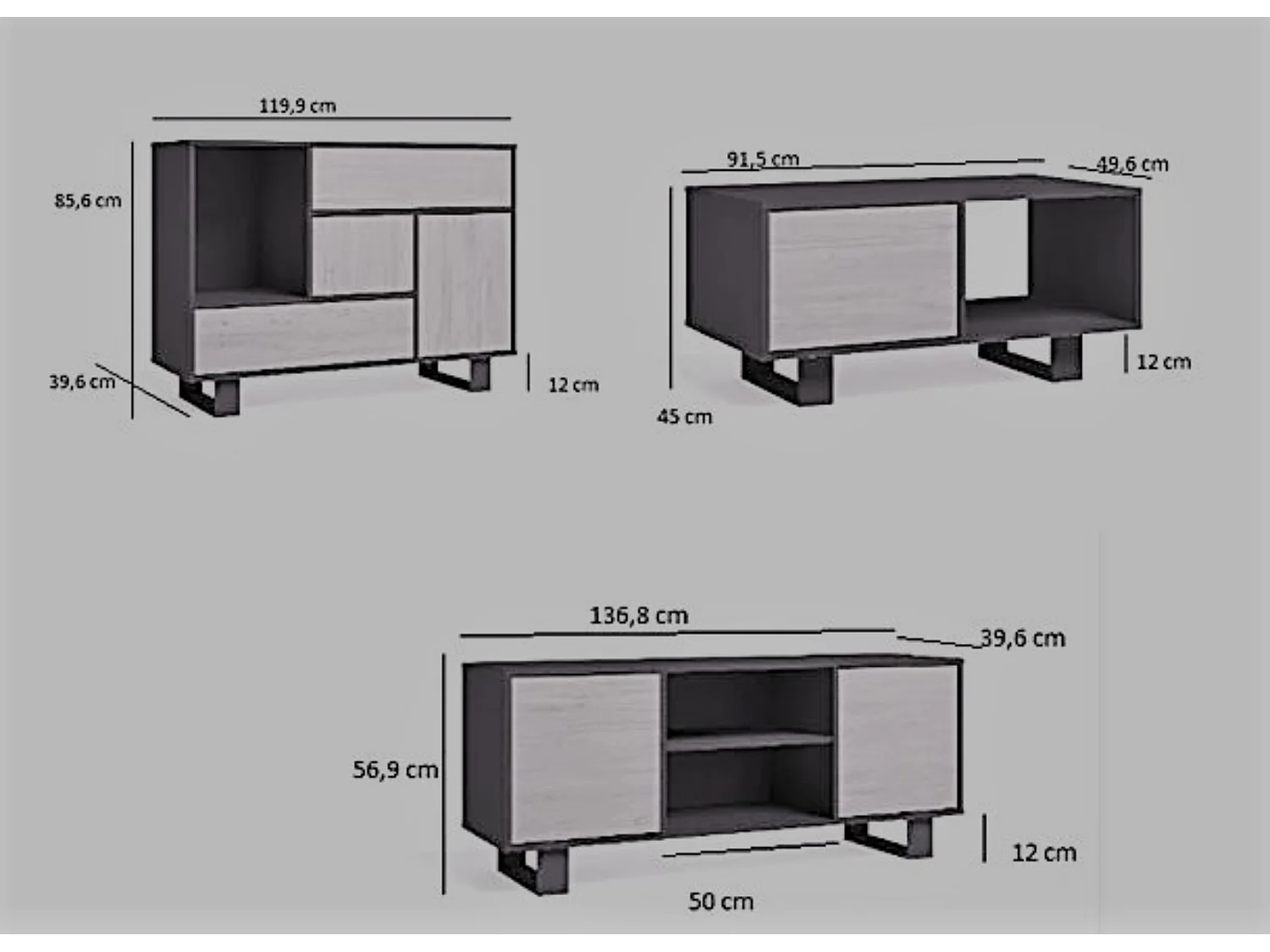 Ensemble de Meubles WIND de Salon, Buffet, Buffet-M.TV140-Table Basse Chêne/Blanc, Pieds Blancs
