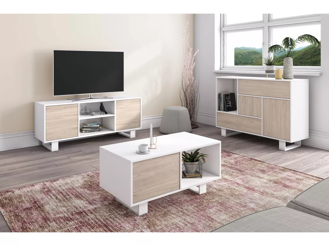 Kauf Unique Set Wind, Wohnzimmermöbel-Set, Sideboard-Möbel TV140-Couchtisch, Weiß/Eiche, Weiße Füße