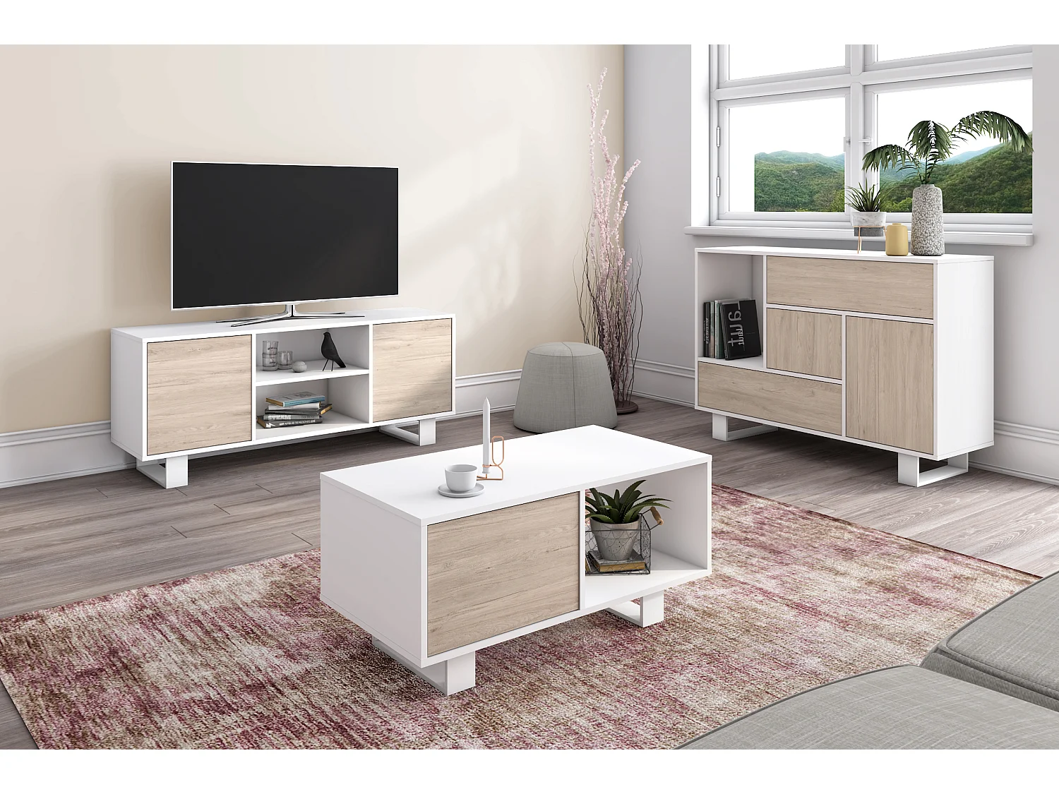 Ensemble de Meubles WIND, Salle à manger, Buffet-M.TV140-Table Basse Blanc/Chêne, Pied Blanc