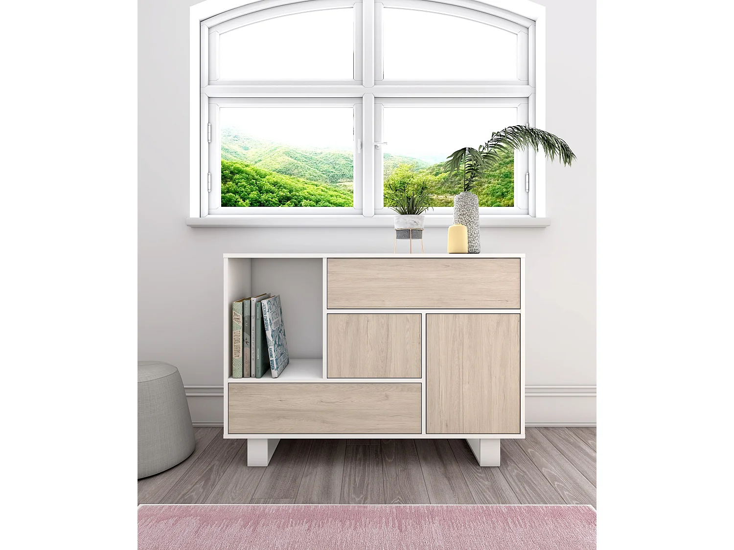 Ensemble de Meubles WIND, Salle à manger, Buffet-M.TV140-Table Basse Blanc/Chêne, Pied Blanc