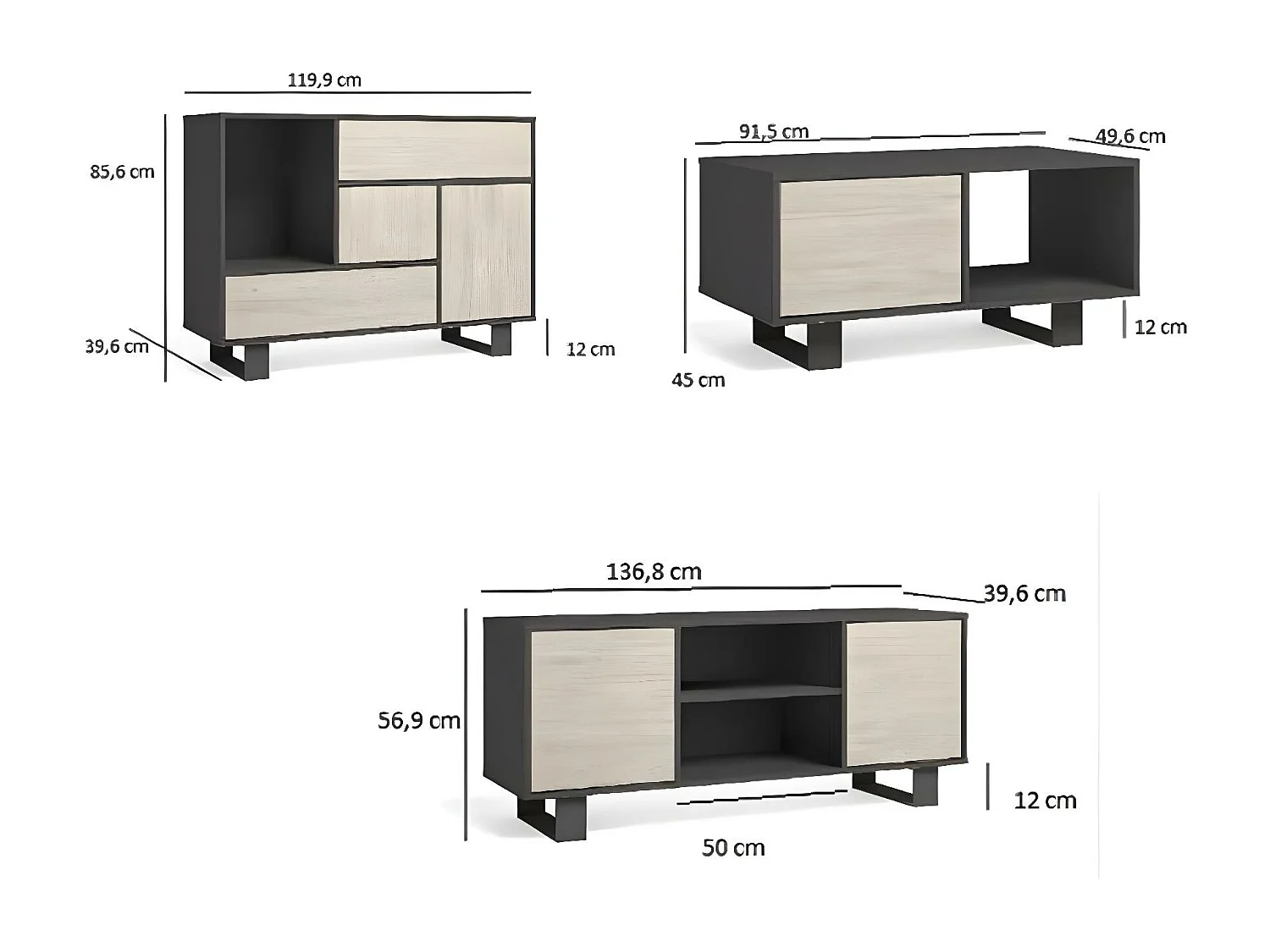 Ensemble de Meubles WIND, Salle à manger, Buffet-M.TV140-Table Basse Blanc/Chêne, Pied Blanc